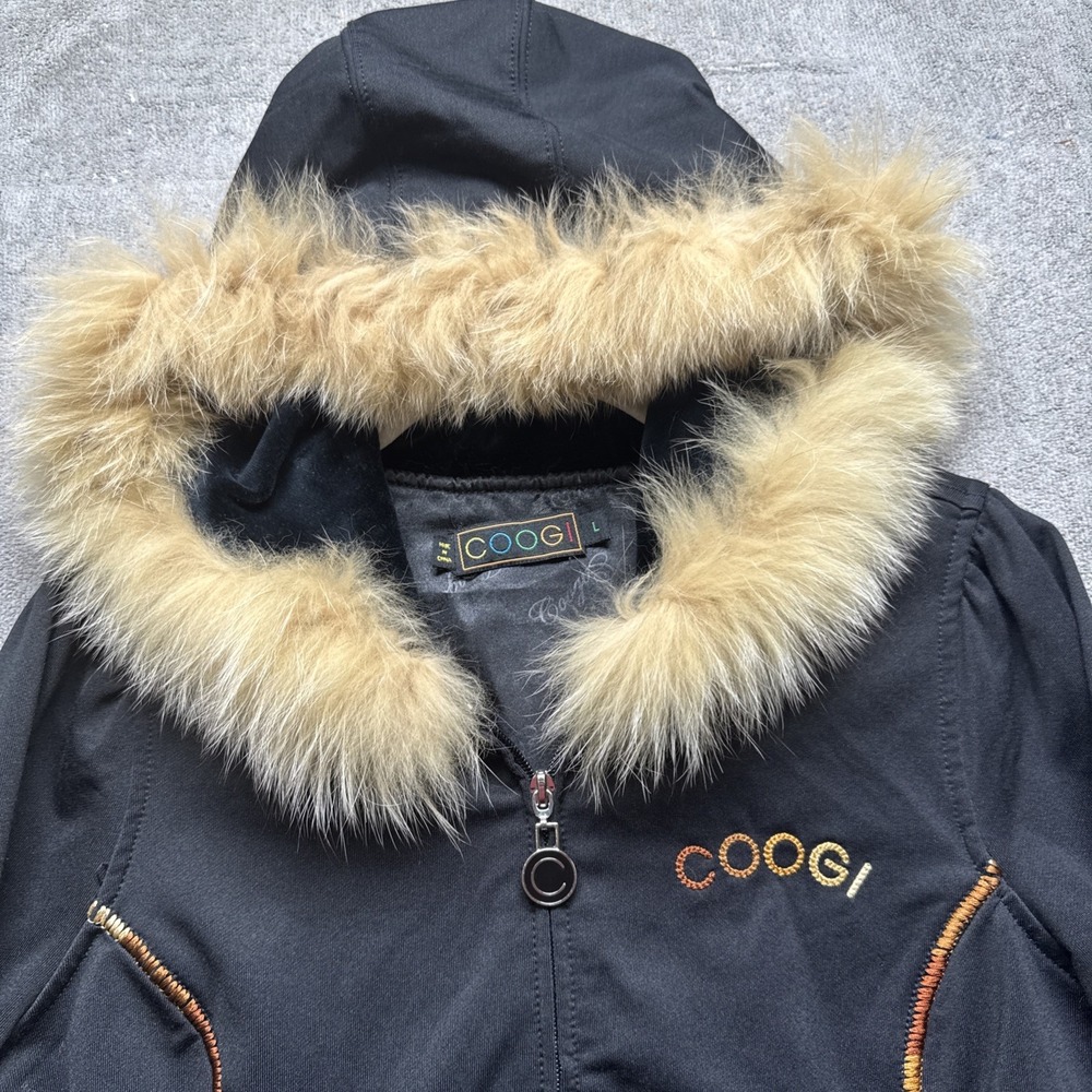Coogi Women's Black Faux Fur Hooded Embroidered Streetwear‎ Jacket Large